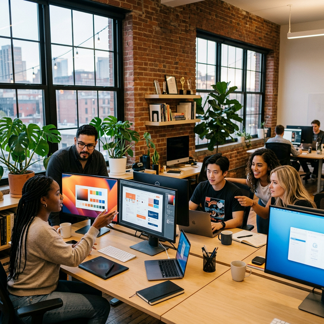 Navora Web team collaborating on website designs in a modern workspace